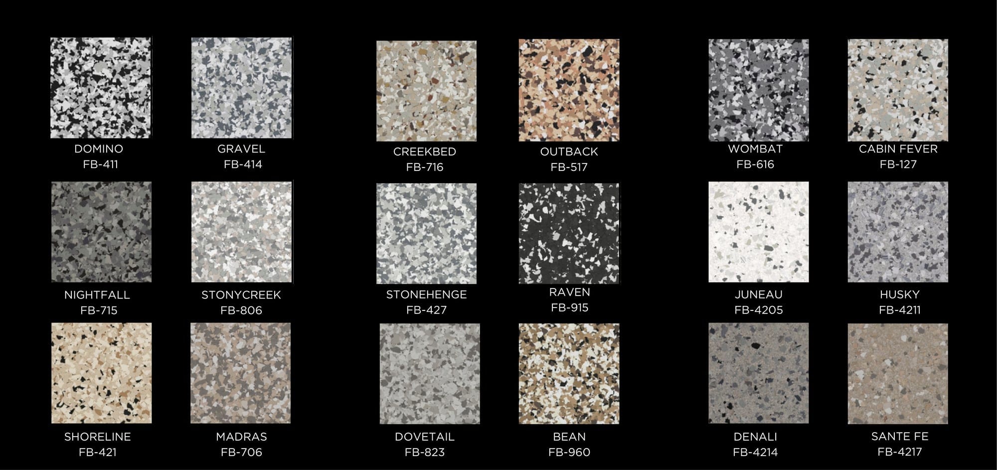 Olipoxy flake catalog page 1 — 18 standard FB-series flake colors