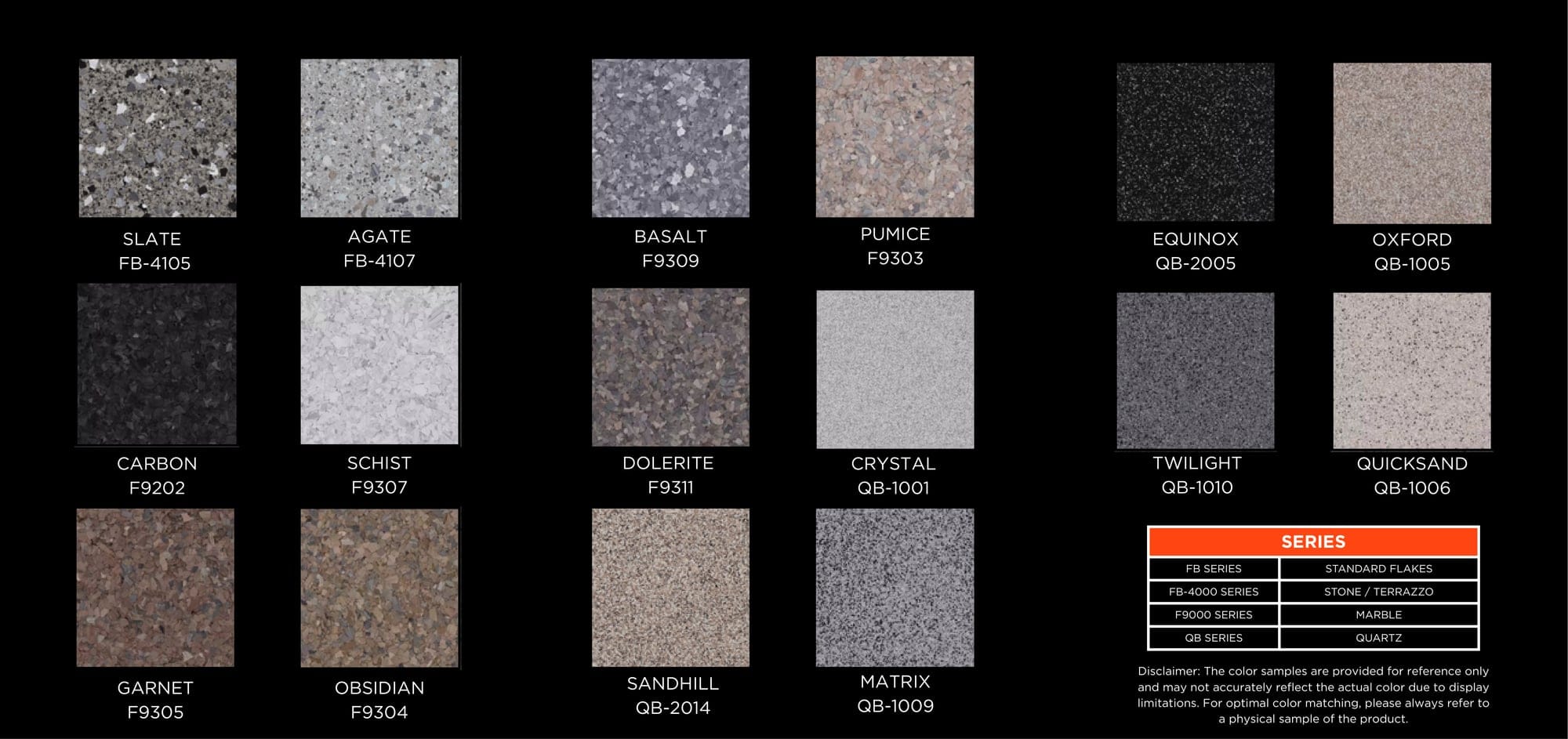 Olipoxy flake catalog page 2 — 16 terrazzo, marble & quartz options